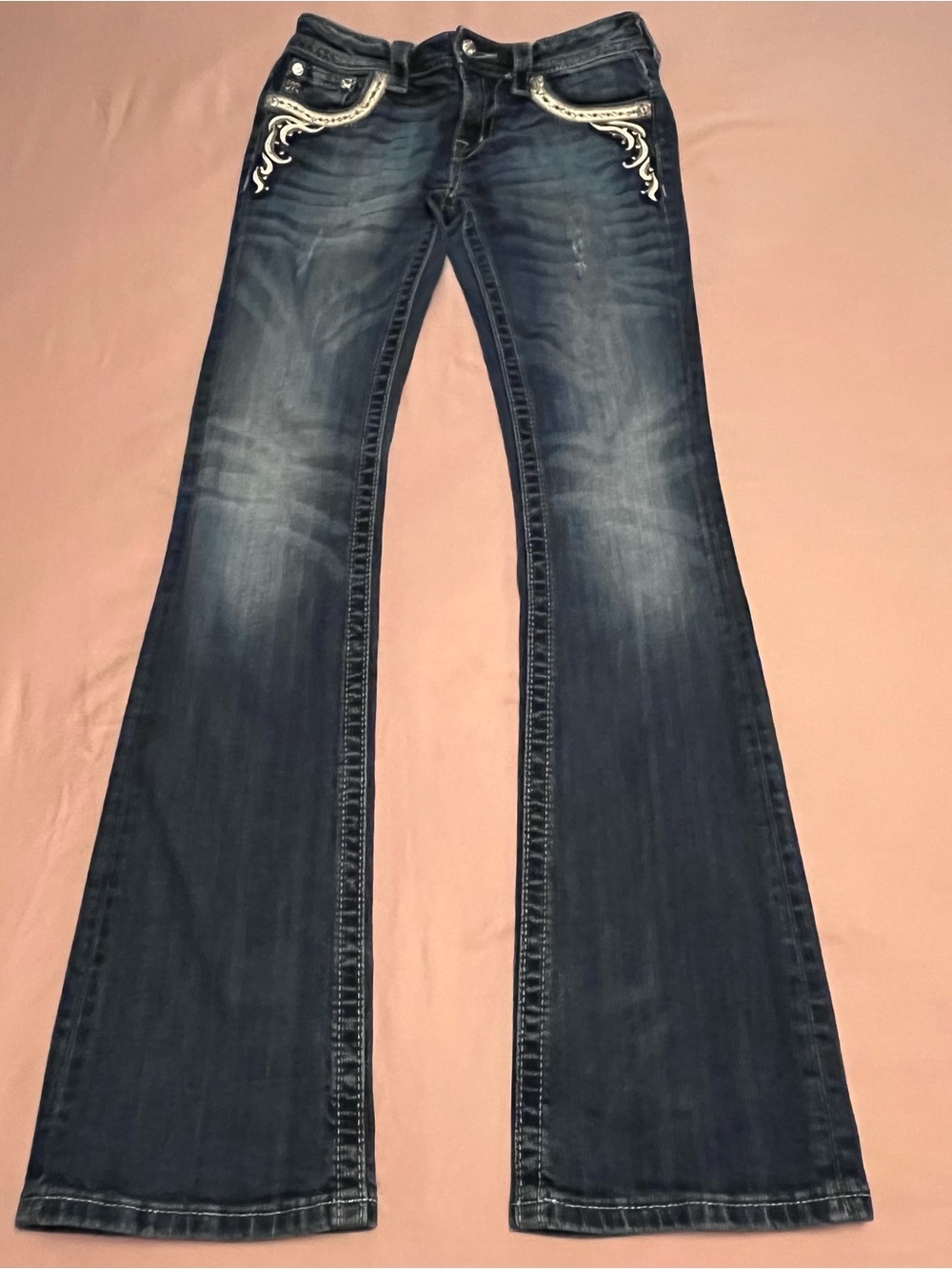 Miss Me Faded Distressed Embroidered & Rhinestone Bootcut Low Rise Y2K Jeans